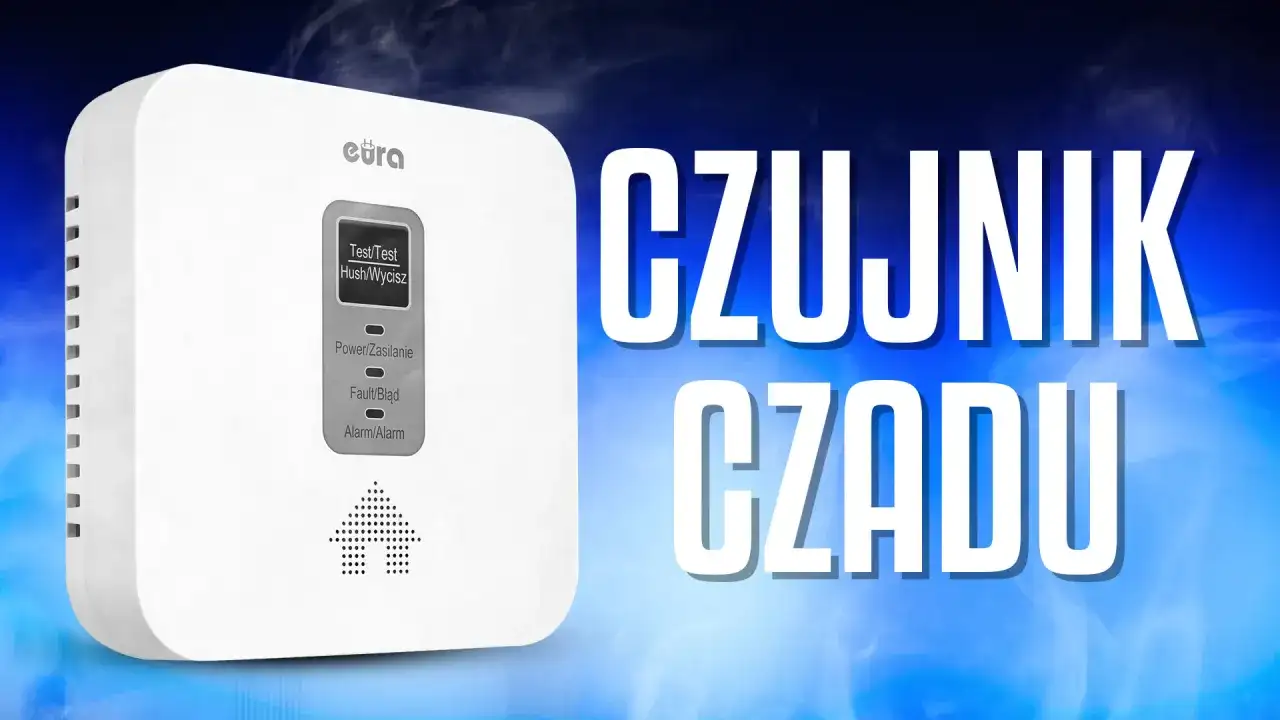 Biały czujnik czadu z wyświetlaczem i przyciskami. Tekst "CZUJNIK CZADU" sugeruje, jak wyłączyć czujnik czadu.