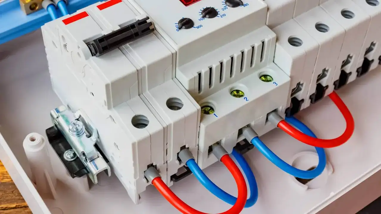 Nowoczesna przepięciówka 1 fazowa z czerwonymi i niebieskimi przewodami, gotowa do ochrony instalacji elektrycznej.
