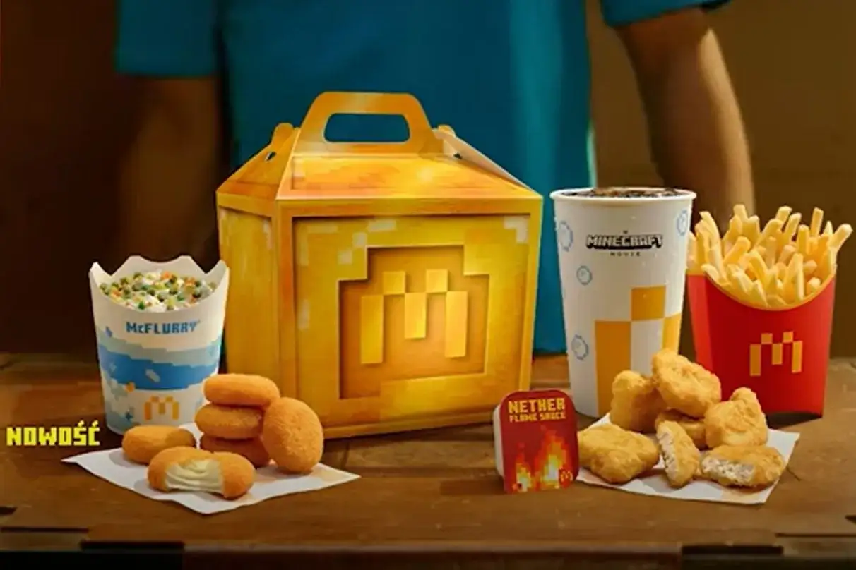 Minecraftowe menu z McNuggetsami, McFlurry i napojem. Zestaw zawiera też porcję frytek, dzięki czemu dowiesz się, ile kosztują średnie frytki w McDonald's.