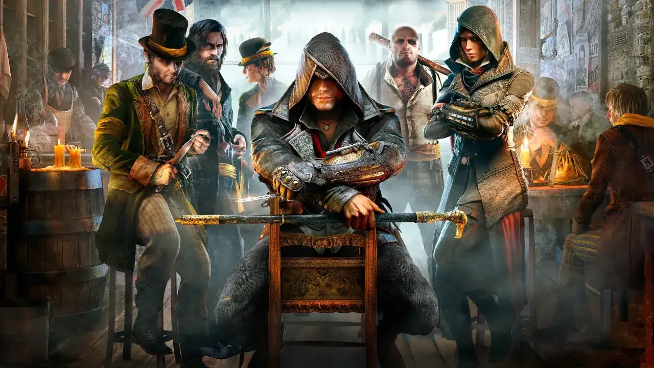 Postacie z Assassin's Creed Syndicate w wiktoriańskim pubie.