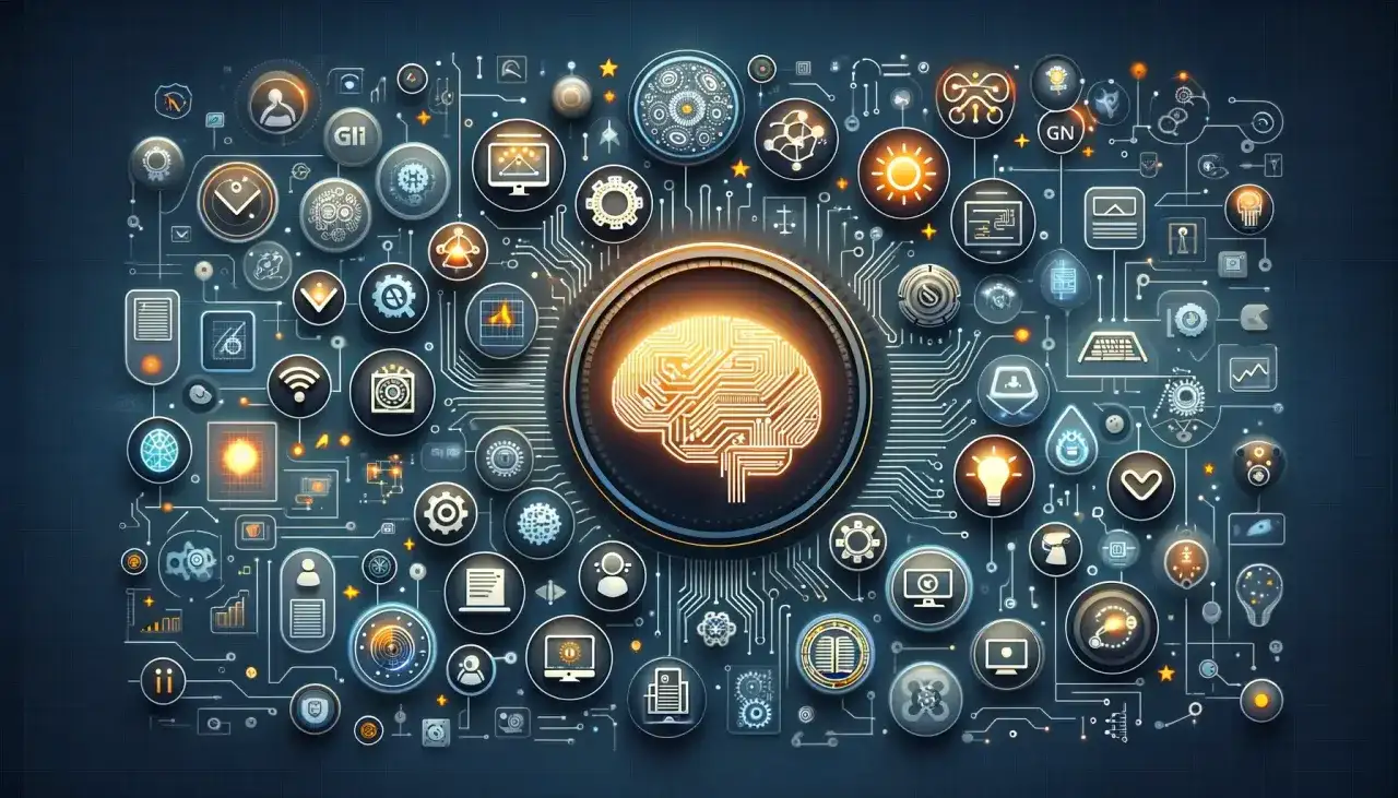 Centralny element to świecący, cyfrowy mózg, symbolizujący, co to jest generatywna sztuczna inteligencja. Otaczają go ikony technologii i danych.