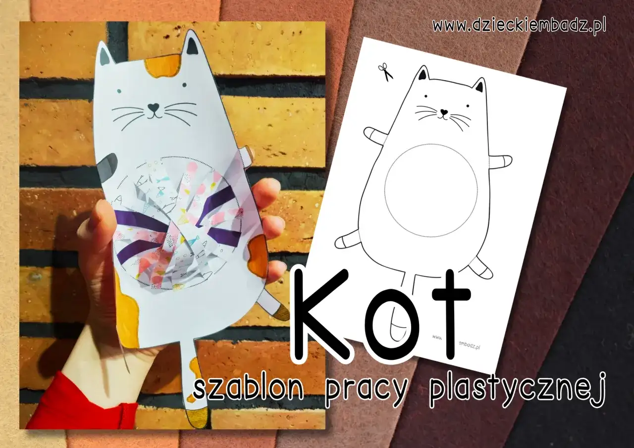 Gotowy szablon kota do wycięcia, obok czarno-biały wzór do druku. Idealny do kreatywnych zabaw plastycznych.