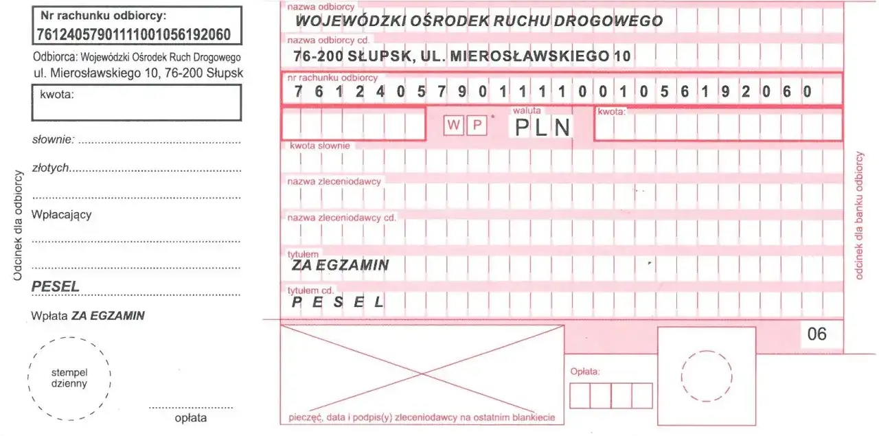 Potwierdzenie wpłaty za egzamin w WORD. Kwota za egzamin praktyczny w WORD jest tu widoczna.