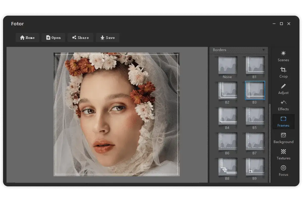 Darmowy program do obróbki zdjęć na Maca. Interfejs Fotor z opcją dodawania ramek do portretu kobiety w wianku.