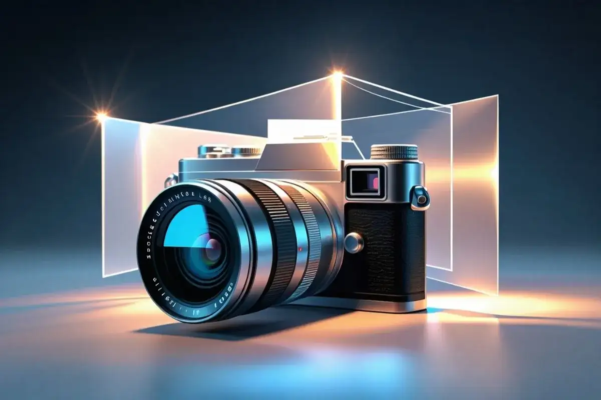 Elegancki aparat fotograficzny, który pokazuje, jak działa aparat, z soczewką odbijającą światło i geometrycznymi elementami.