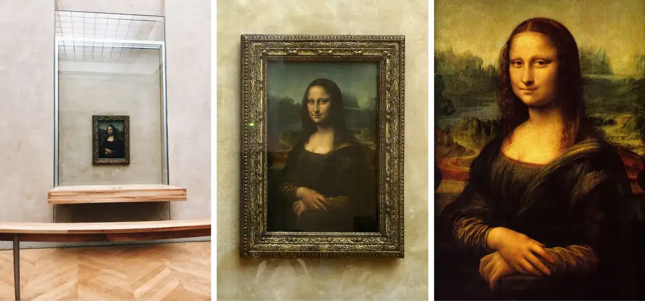 Mona Lisa w Luwrze, jeden z wielu eksponatów. Obraz Leonarda da Vinci w złotej ramie.