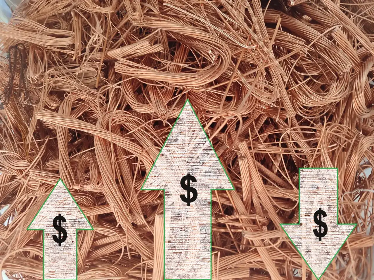 Kupa miedzianych przewodów z zielonymi strzałkami wskazującymi w górę i w dół, z symbolami dolara.