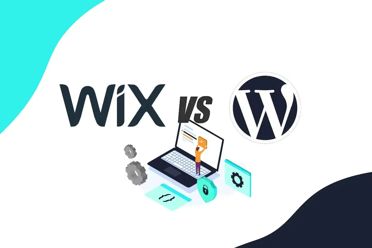 Wix czy WordPress? Grafika porównuje te dwie platformy do tworzenia stron, z ikonami i elementami graficznymi.