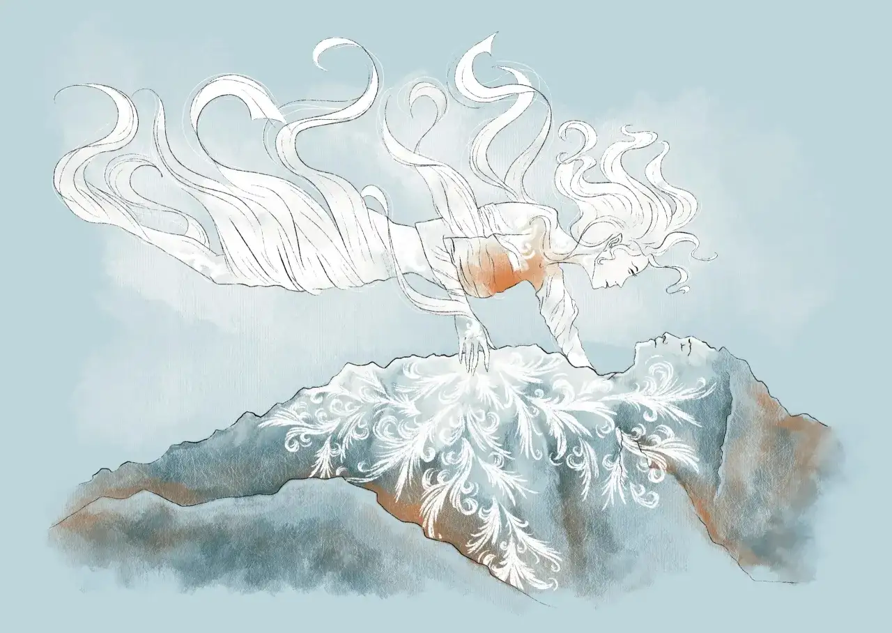 Nad śpiącym rycerzem w jaskini unosi się eteryczna postać, dotykając jego czoła.