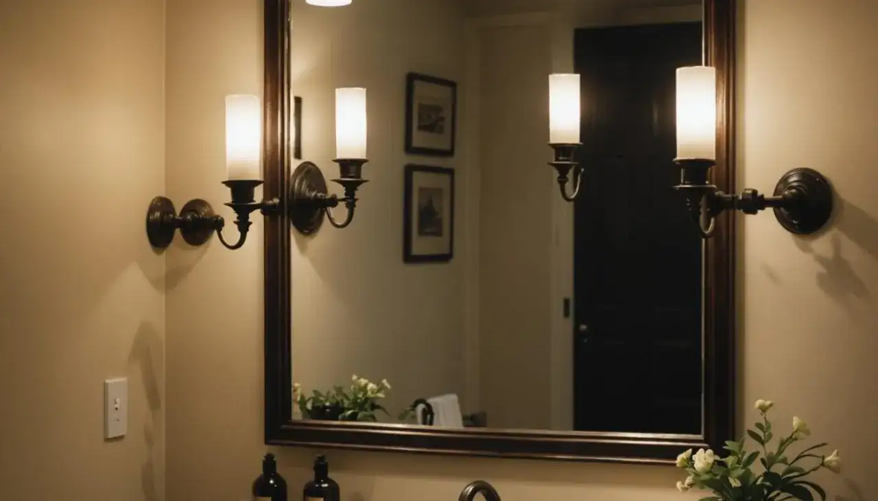 Elegancki kinkiet w lustrze łazienkowym, odbijający się w jego tafli.