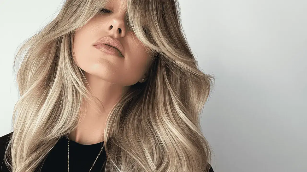 Blond włosy z grzywką na boki, ułożone prostownicą. Delikatne fale i subtelny makijaż podkreślają urodę.