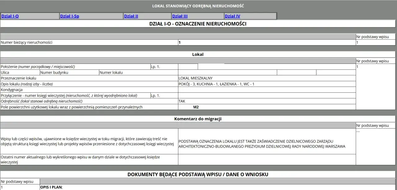 Fragment księgi wieczystej mieszkania w bloku: opis lokalu, kondygnacja, powierzchnia.