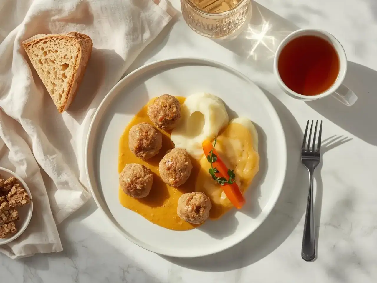 Delikatne klopsiki z puree, marchewką i sosem – idealne danie, co można jeść na diecie lekkostrawnej. Do tego kromka chleba i herbata.