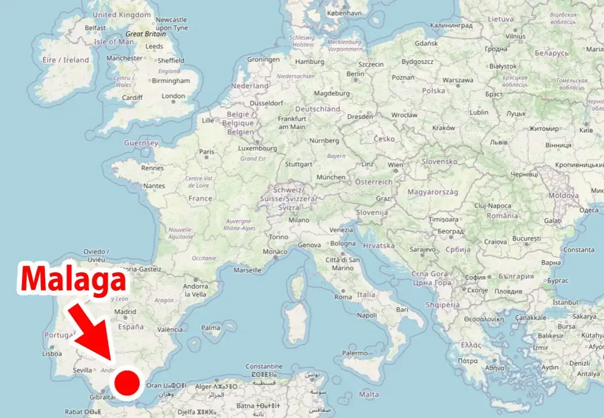 Mapa Europy z zaznaczoną na czerwono Malagą. Gdzie jest Malaga? Na południu Hiszpanii, nad Morzem Śródziemnym.