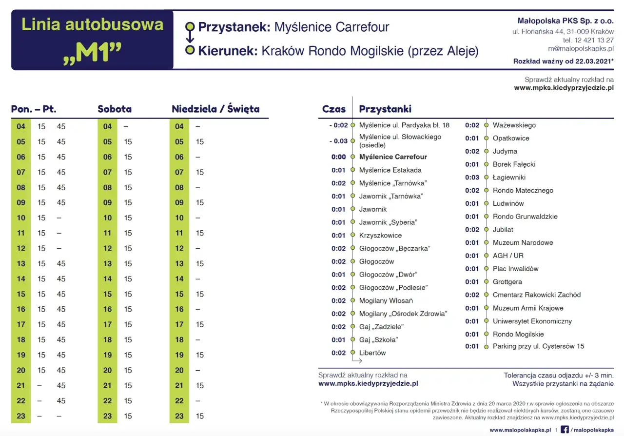 Rozkład jazdy linii "M1" z Myślenic do Krakowa Rondo Mogilskie. Busy kursują między Gdów a Krakowem.