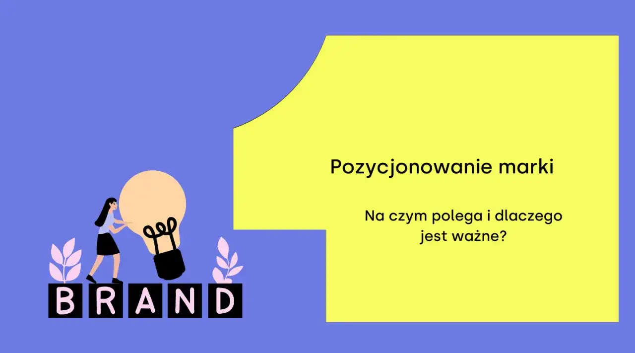 Kobieta buduje markę, tworząc pomysł na pozycjonowanie produktu. Napis "BRAND" i żarówka symbolizują innowację.