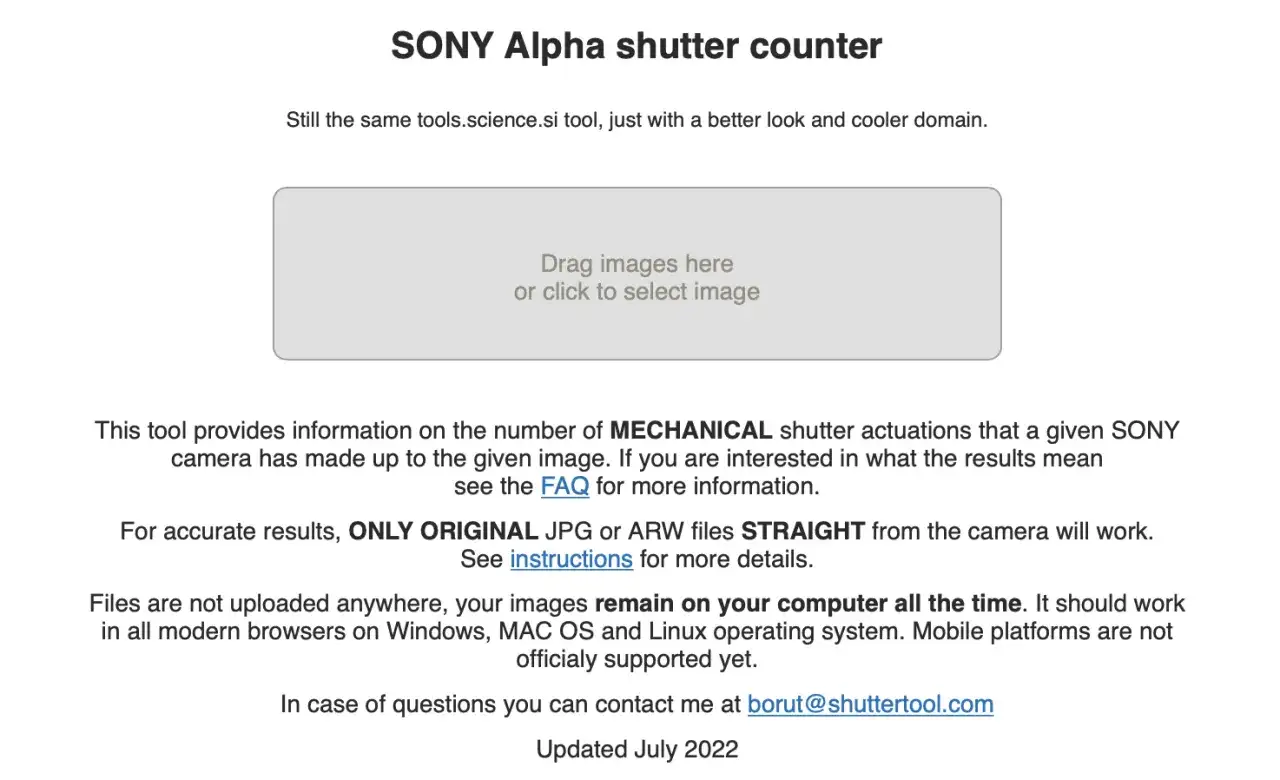 Narzędzie do sprawdzania przebiegu aparatu SONY Alpha. Przeciągnij lub kliknij, aby wybrać zdjęcie.