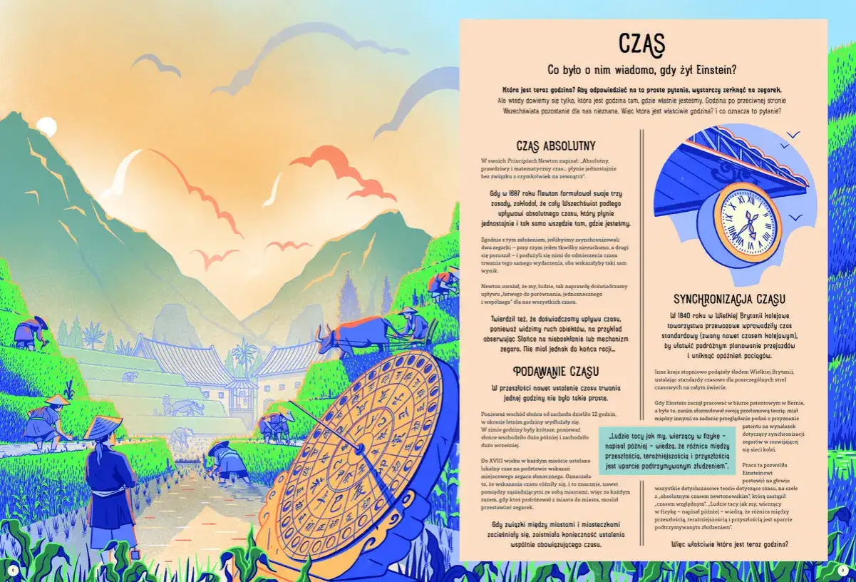 Ilustracja przedstawia krajobraz z tarasem ryżowym i ludźmi pracującymi. W tle góry i budynki. Na pierwszym planie zegar słoneczny. To wszystko nawiązuje do tego, co odkrył Albert Einstein o czasie.