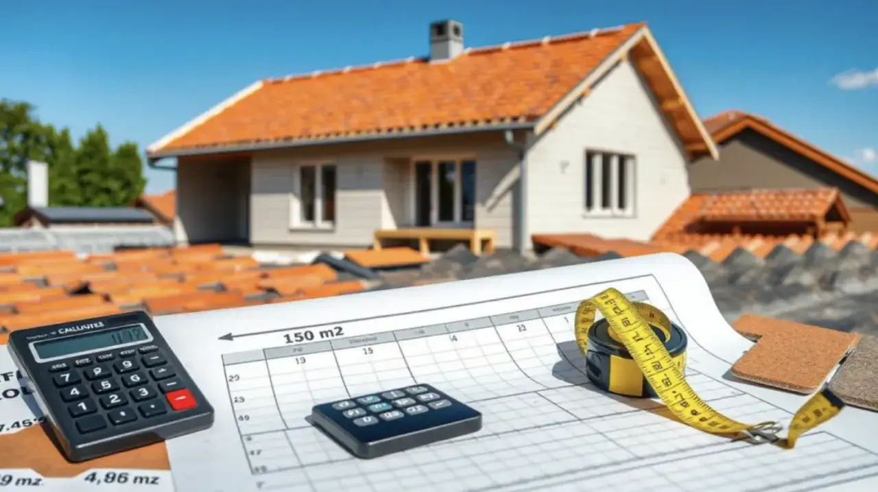 Planowanie dachu: kalkulator, miarka i schemat pokazują, ile dachówek wchodzi na m2. W tle dom w budowie.