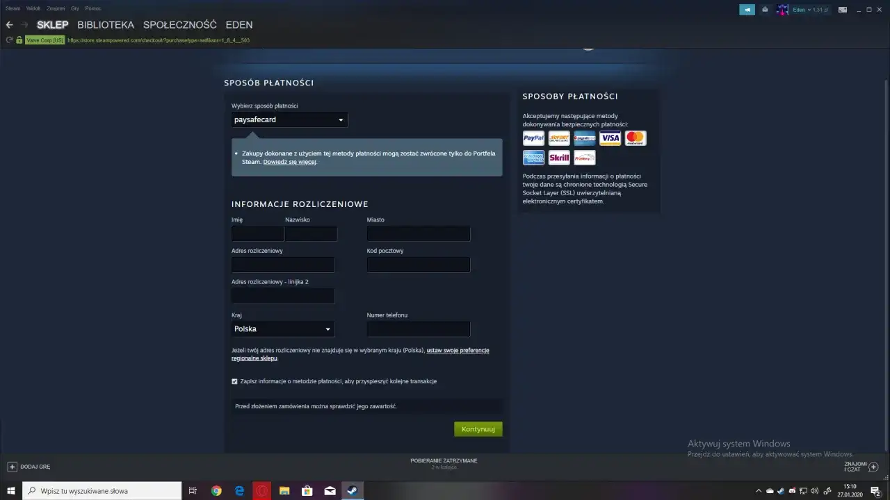 Formularz Steam do podania co to adres rozliczeniowy Steam, dane do płatności i kraju.