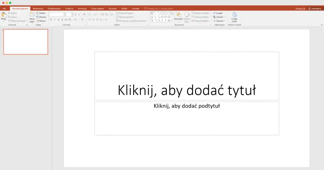 Ekran programu PowerPoint z pustym slajdem tytułowym i tekstem "Kliknij, aby dodać tytuł".