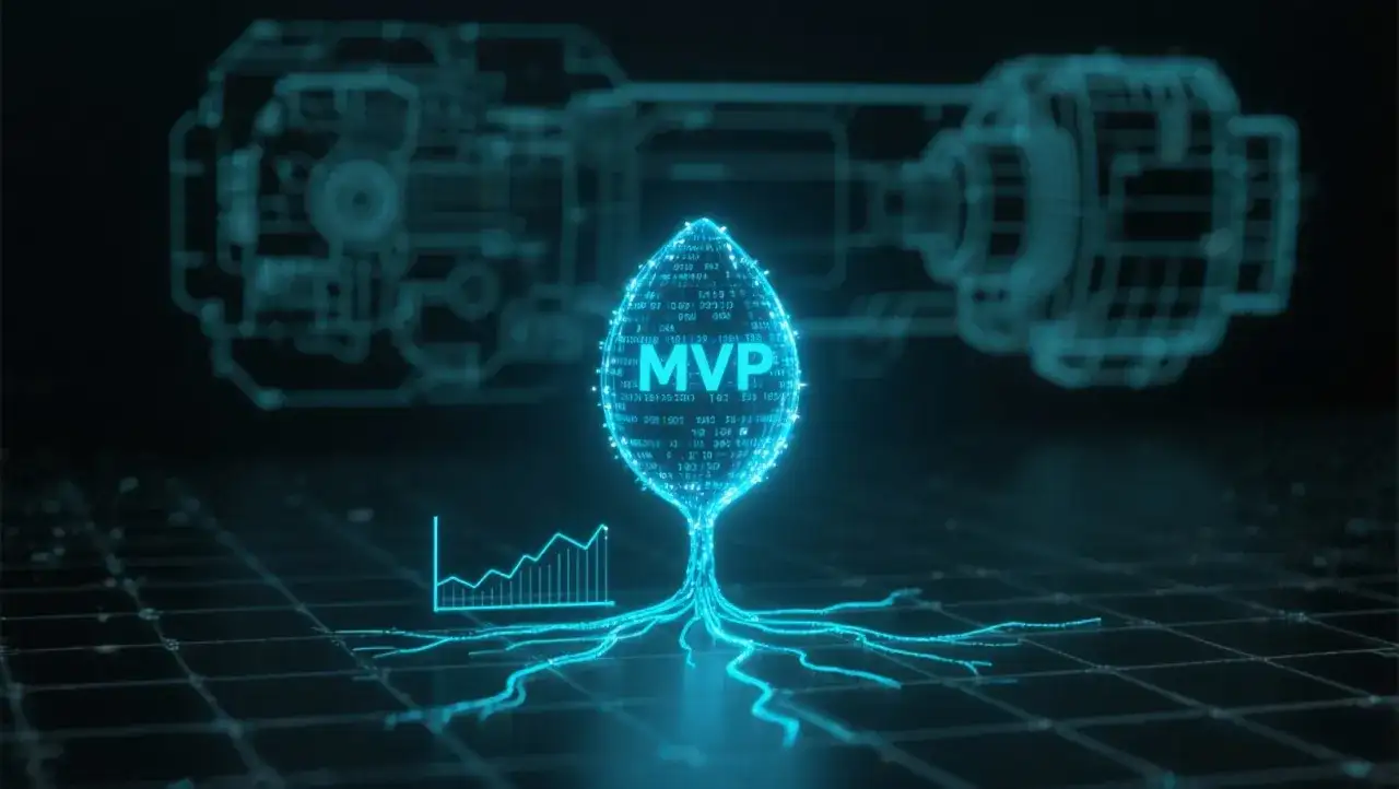 Niebieska, cyfrowa grafika przedstawiająca drzewo z liściem z napisem "MVP" i wykres.