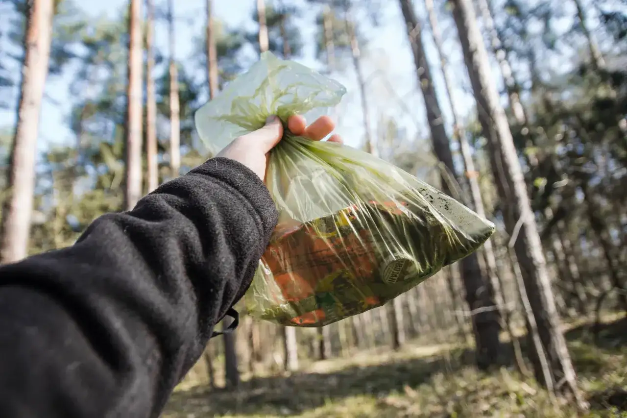 Ręka trzyma worek ze śmieciami w lesie. Zasady "leave no trace" to dbanie o przyrodę.