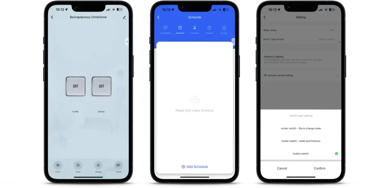 Aplikacja pokazuje ustawienia przekaźnika beznapięciowego, w tym typ przełącznika i harmonogramy.