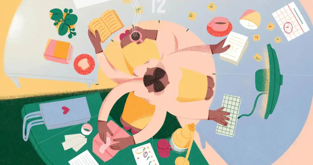 Ludzie pracują przy biurku, tworząc przykłady działań ekologicznych: segregacja śmieci, recykling, dbanie o rośliny.