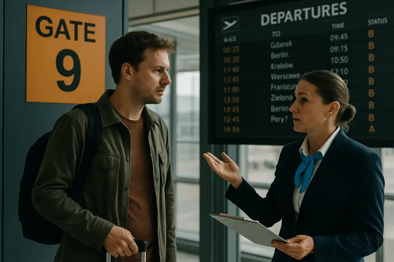 Niezadowolony pasażer dowiaduje się o overbookingu i możliwości uzyskania odszkodowania od pracownicy lotniska.