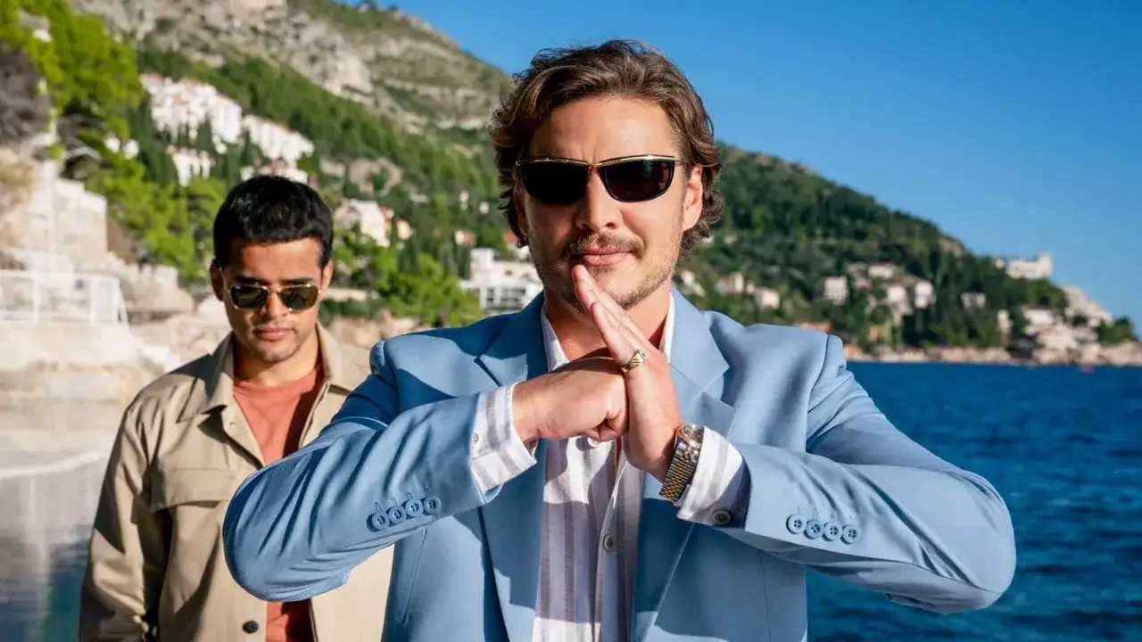 Pedro Pascal w błękitnej marynarce, z dłońmi złożonymi w geście, jakby zapowiadał kolejne z jego filmów i seriali.