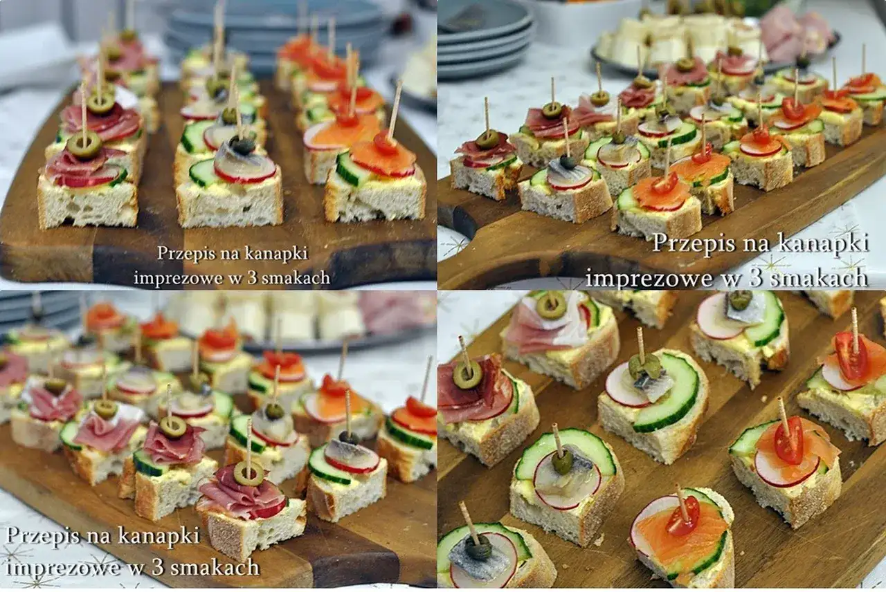 Kolorowe kanapki na imprezę z łososiem, szynką, ogórkiem i oliwkami. Idealne na przyjęcie.