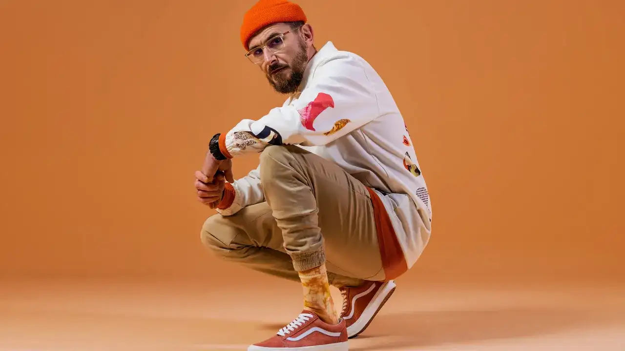 DJ BRK robię co mogę, w pomarańczowej czapce i okularach, kuca na pomarańczowym tle.