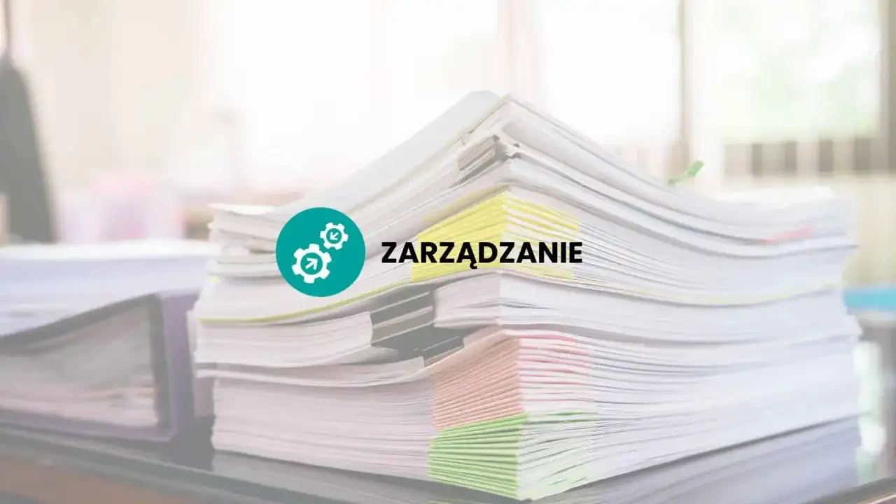 Stosy dokumentów, w tym standardowa umowa na wykonanie usługi, z ikoną i napisem "ZARZĄDZANIE".