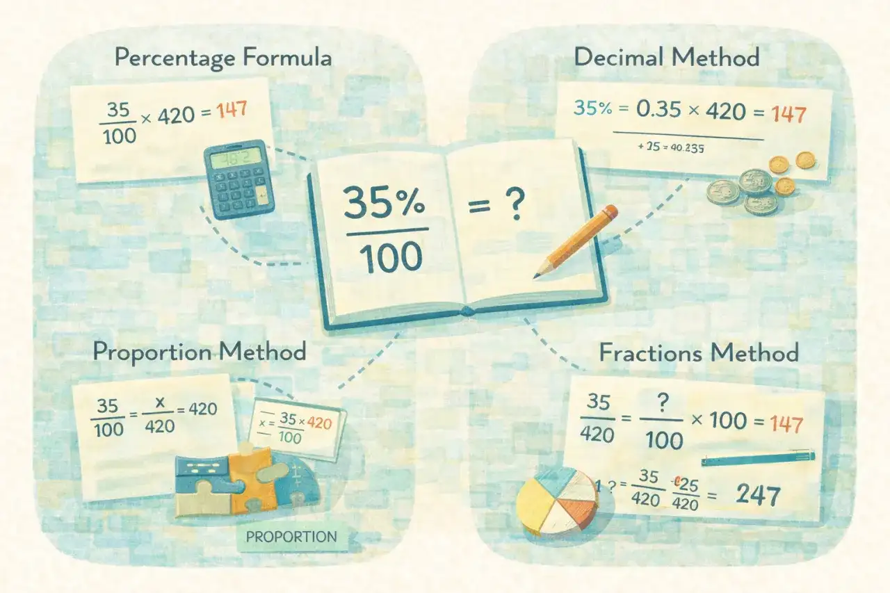 Ilustracja przedstawia cztery metody obliczania procentów: wzór procentowy, metodę dziesiętną, metodę proporcji i metodę ułamków.