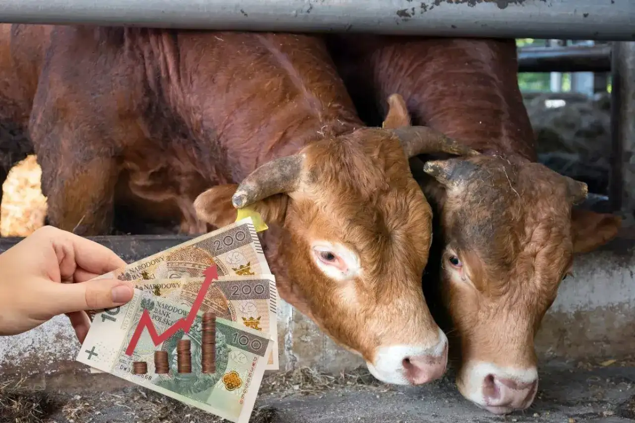 Dwie krowy w zagrodzie, ręka trzyma polskie banknoty z wykresem wzrostu cen.