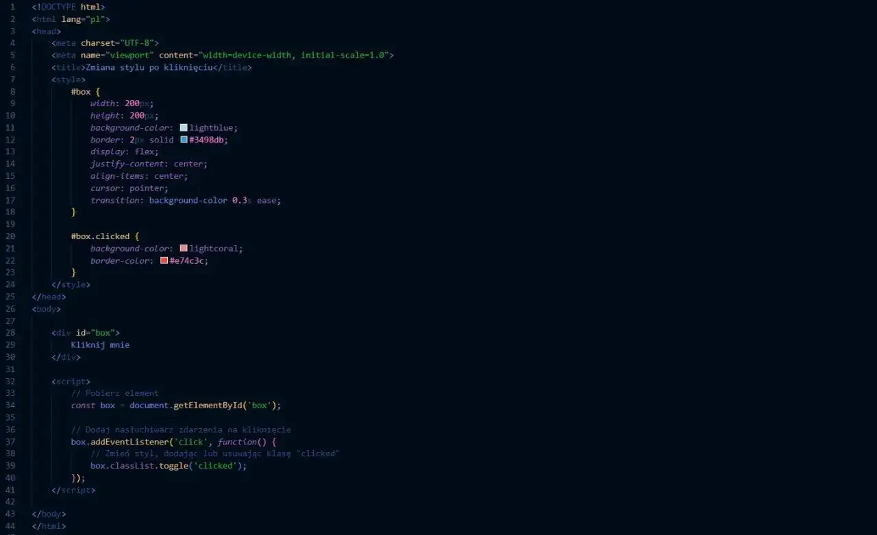 Kod HTML i CSS z przykładem interakcji: javascript ile html yazdırma zmienia styl elementu po kliknięciu.