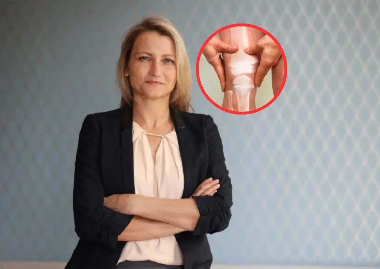 Kobieta w garniturze i zbliżenie na zdrowe kolano symbolizujące nowoczesne leczenie osteoporozy.