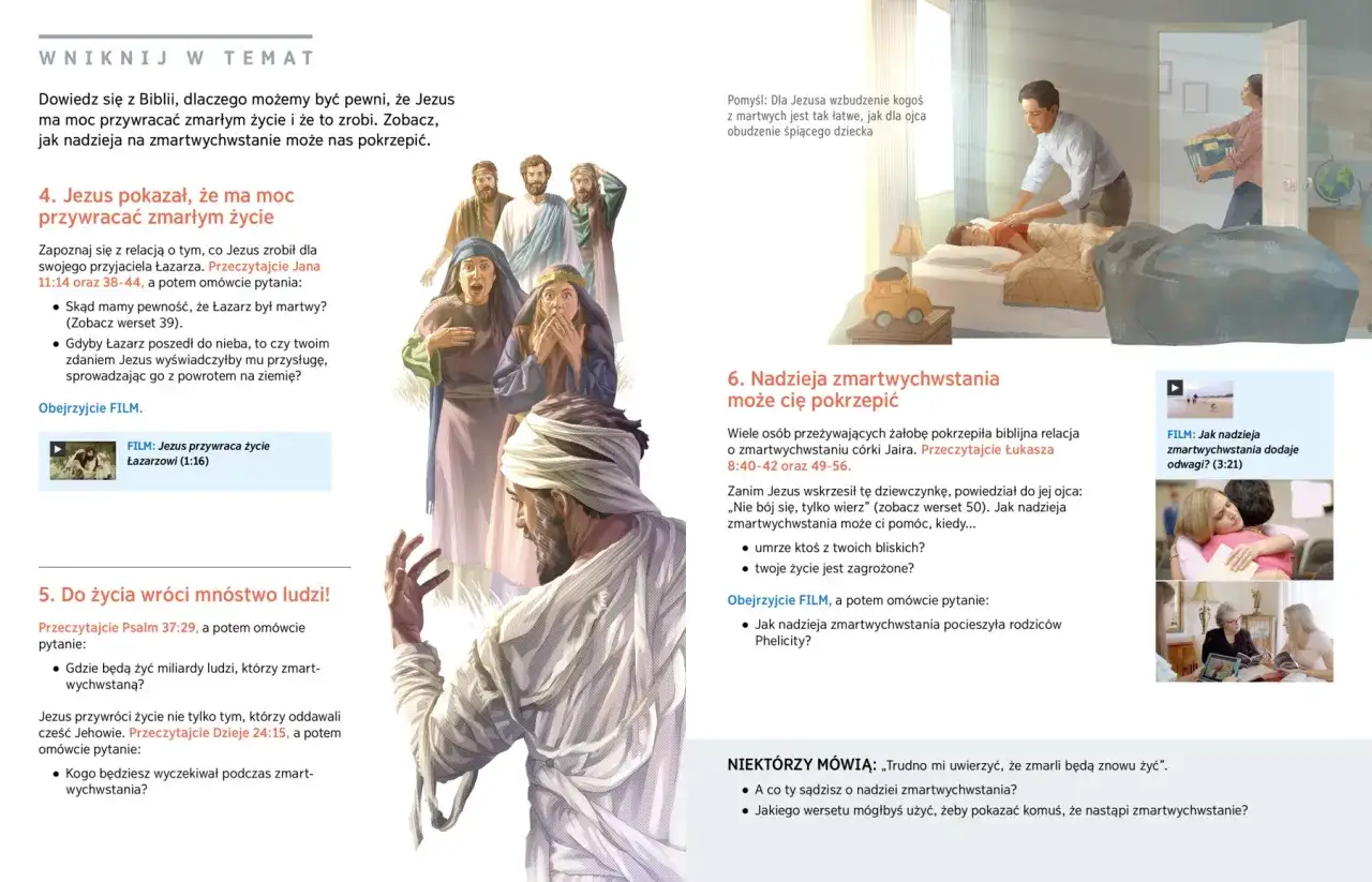 Jezus wskrzesił Łazarza, pokazując moc zmartwychwstania. Wiele osób czeka na zmartwychwstanie.