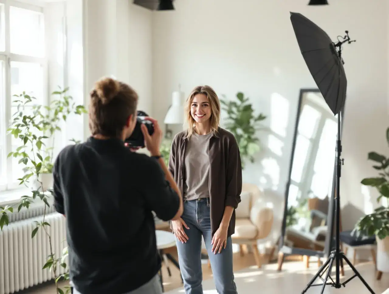 Fotograf robi zdjęcie uśmiechniętej modelce, która uczy się, jak pozować do zdjęć. W tle widać lampę i rośliny.