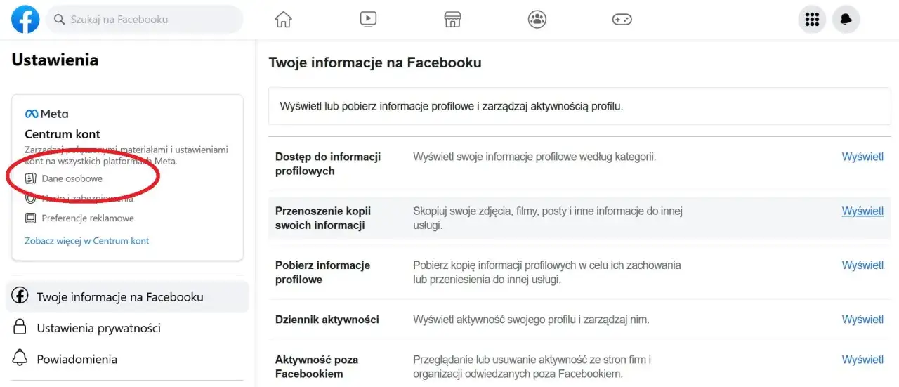 Ustawienia Facebooka: Centrum kont, Dane osobowe. Tu dowiesz się, jak zmienić nazwisko na Facebooku.