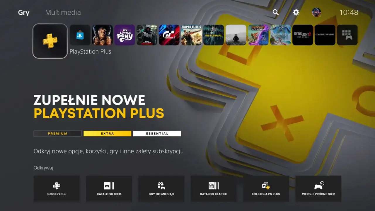 Ekran PlayStation z opcjami subskrypcji PlayStation Plus Extra. Odkryj nowe gry i korzyści.