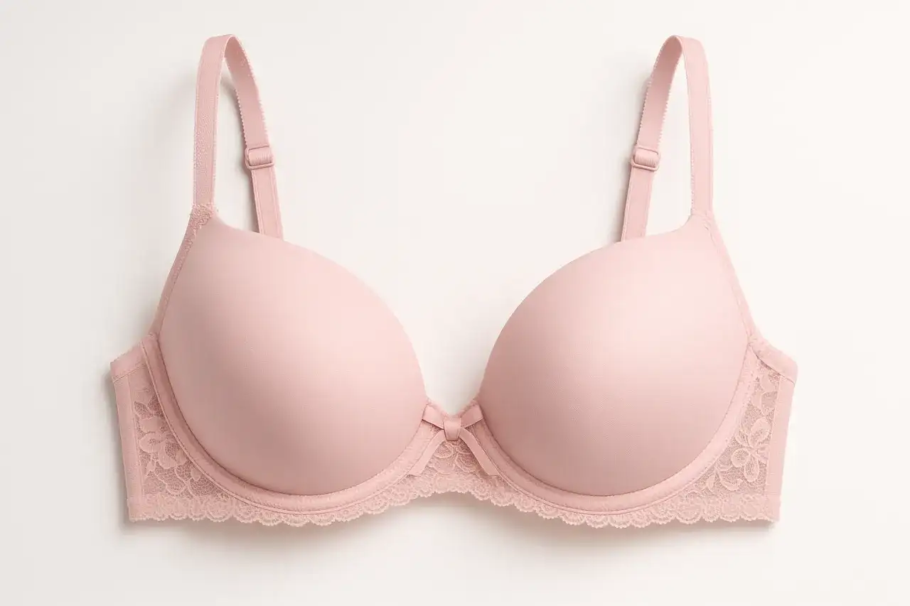 Różowy biustonosz z fiszbinami i koronkowymi detalami.