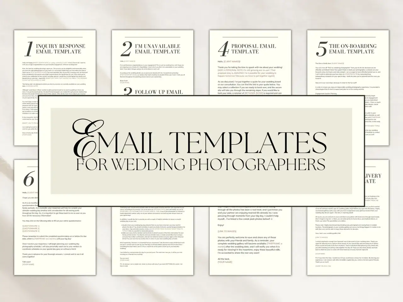 Szablony maili dla fotografa ślubnego: zapytanie, niedostępność, propozycja, onboardingu. Pomocne przy komunikacji z klientami.