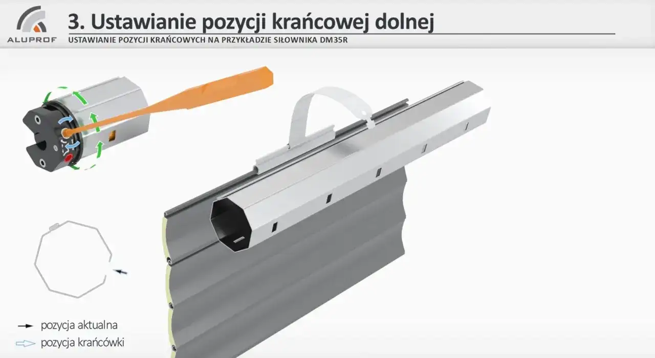 Ilustracja pokazuje mechanizm regulacji krańcowej rolety. Dowiedz się, jak naciągnąć sprężynę w rolecie, by ustawić pozycję krańcową.