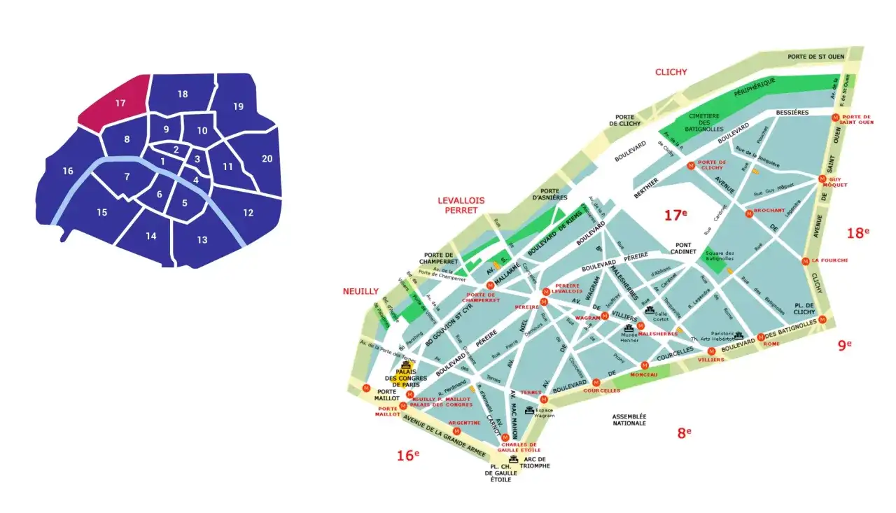 Mapa Paryża z zaznaczoną 17. dzielnicą. Czy 17. dzielnica Paryża jest bezpieczna? Mapa pokazuje jej położenie i główne ulice.