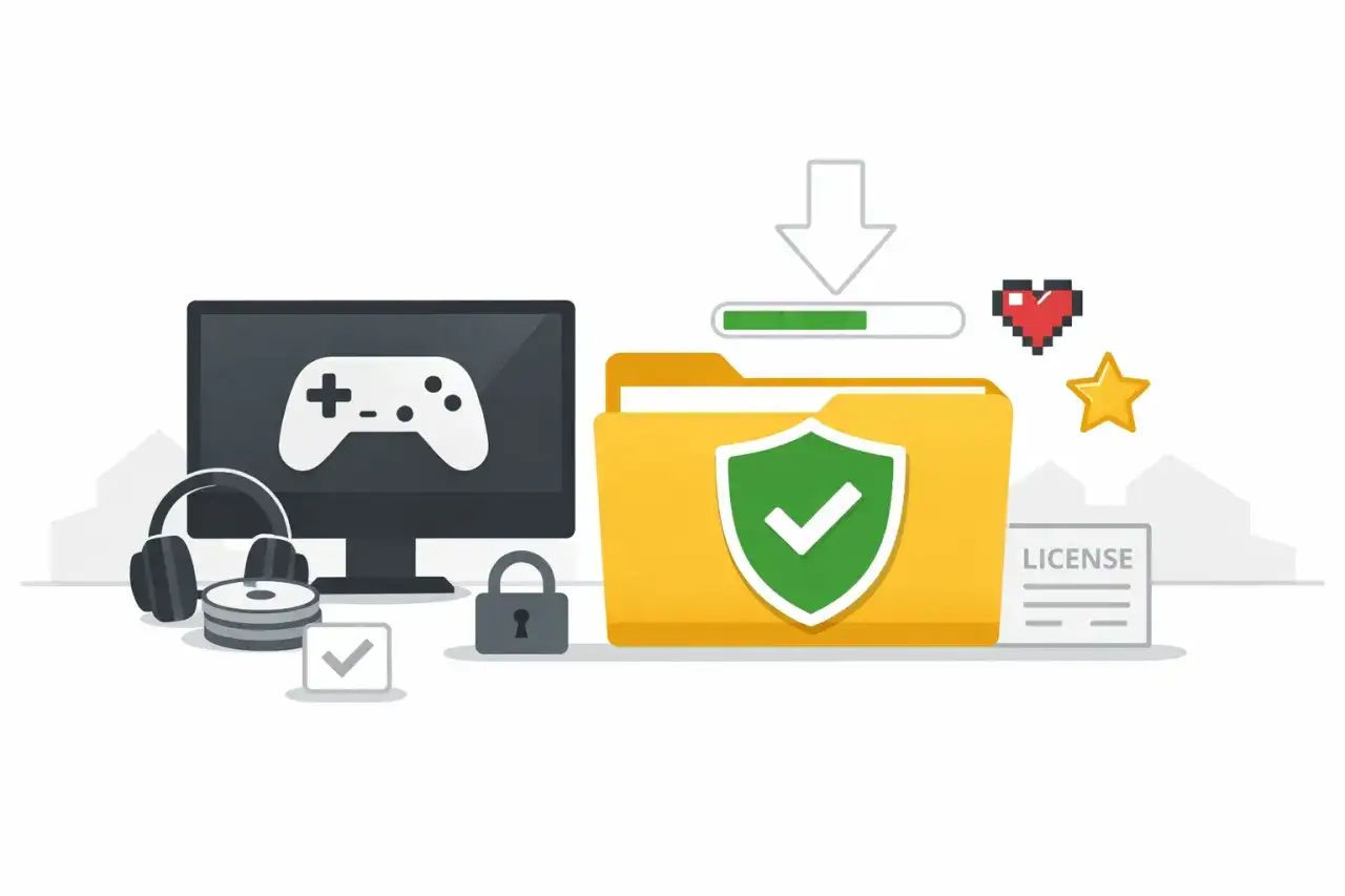Ilustracja przedstawia komputer z padem, słuchawki, folder z tarczą i zaznaczeniem, ikonę pobierania, serce, gwiazdkę i dokument licencji.
