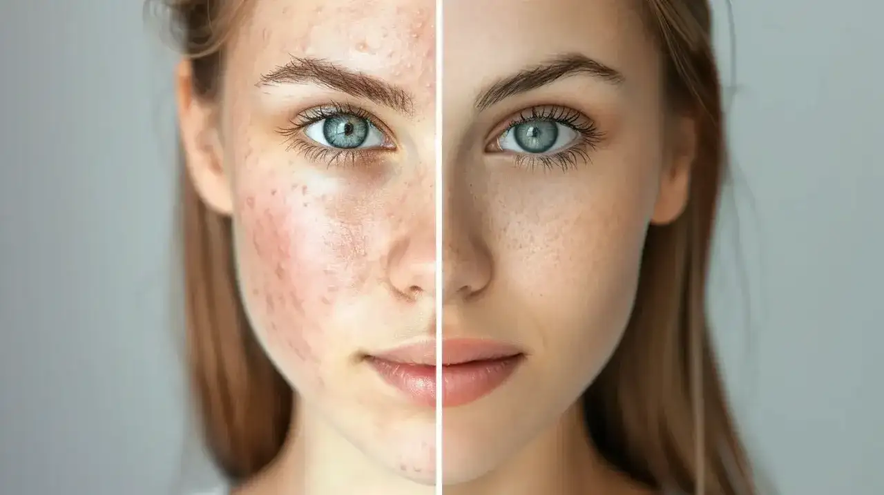Podzielona twarz młodej kobiety: lewa strona z niedoskonałościami, prawa z gładką cerą.