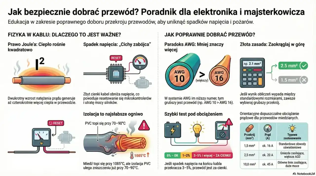 Ilustracja pokazuje przekrój przewodu elektrycznego z widoczną metalową częścią, która nagrzewa się pod wpływem prądu.