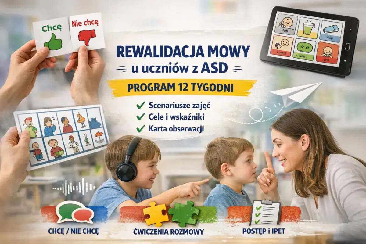Dzieci z ASD, nauczycielka i pomoce dydaktyczne: karty, tablet, puzzle.